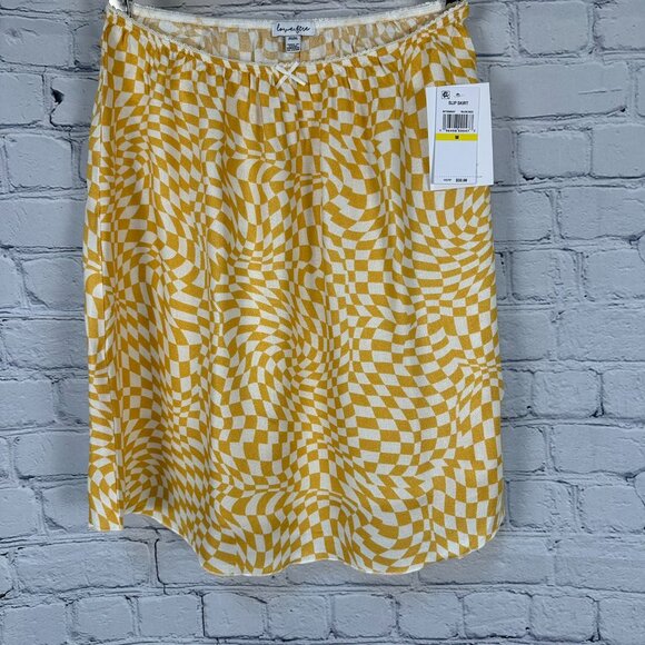 Love,‎ Fire Coquette Print Lace Trim Slip Skirt, Size Medium, Yellow Checked - Picture 1 of 11